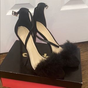 FLUFFY BLACK SUEDE HEELS SIIZE US9 WORN TWICE